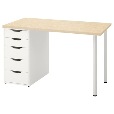 Modern desk with light wooden top and white drawers. Four silver legs support the structure.