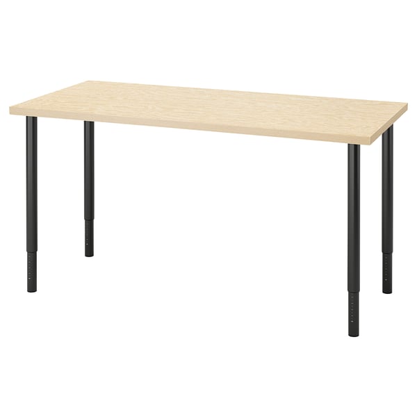 MITTCIRKEL desk in light wood with black adjustable legs.