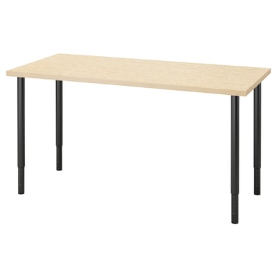 MITTCIRKEL desk in light wood with black adjustable legs.