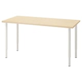 A MITTCIRKEL desk with a light wood top and four white adjustable legs.