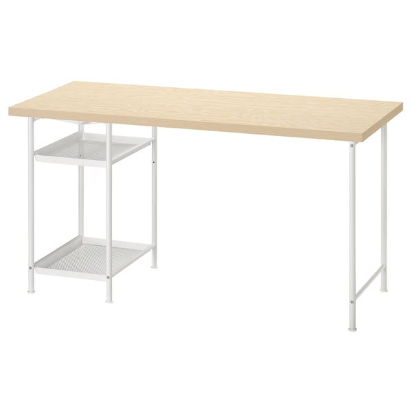 MITTCIRKEL desk: light wood top, white metal legs, 2 shelves, simple design.