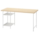 MITTCIRKEL desk: light wood top, white metal legs, 2 shelves, simple design.