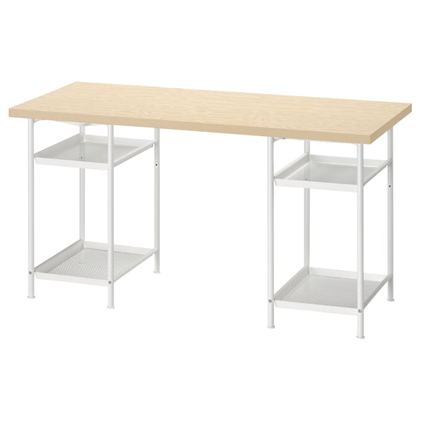 MITTCIRKEL desk: light wooden top, white metal legs, 2 wire shelves for storage.