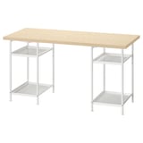 MITTCIRKEL desk: light wooden top, white metal legs, 2 wire shelves for storage.