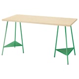 A MITTCIRKEL desk with a light wood top and green metal legs, featuring triangular supports.