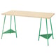 A MITTCIRKEL desk with a light wood top and green metal legs, featuring triangular supports.