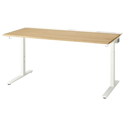 MITTZON desk: adjustable wooden desk with white legs, perfect for home office, cable management, height adjustment, and a 10-year guarantee.