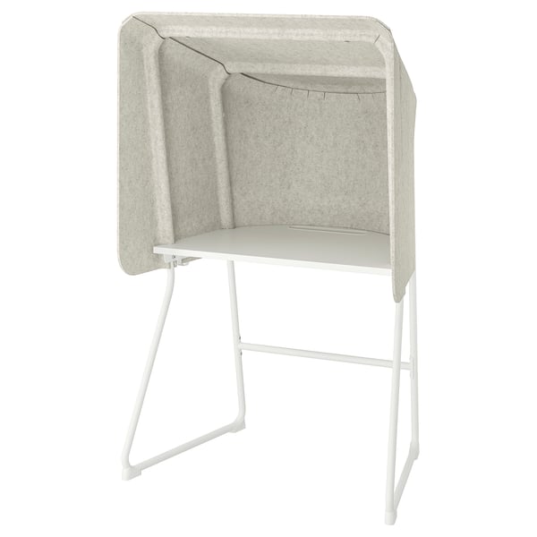 MITTZON privacy booth in light gray with sound-insulating felt, white metal legs, rectangular top, and functional hooks. Perfect for focused work.