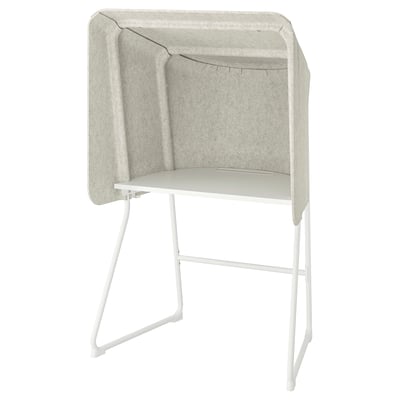 MITTZON privacy booth in light gray with sound-insulating felt, white metal legs, rectangular top, and functional hooks. Perfect for focused work.