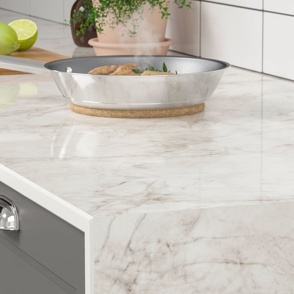 MÖCKLARP Custom made worktop, polished off-white marble effect/high pressure porcelain, 1 m²x2.0 cm