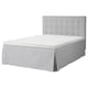 Gray MOSTERHAMN bed with light gray tufted headboard and matching skirt.