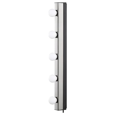 Wall-mounted light fixture MUSIK. Sleek design with stainless steel cover, polycarbonate base, and five evenly spaced round bulbs.