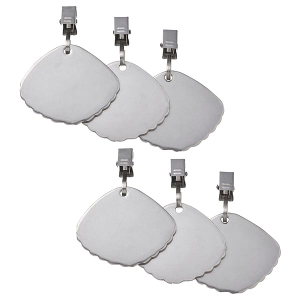 Six silver stainless steel cloud-shaped clips, designed for outdoor use, attaching to tablecloths or fabrics.