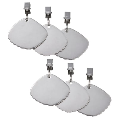 Six silver stainless steel cloud-shaped clips, designed for outdoor use, attaching to tablecloths or fabrics.