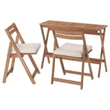 A natural brown foldable outdoor furniture set with two chairs and a table made of acacia wood.