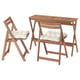 Option: A NÄMMARÖ outdoor furniture set. It includes a brown acacia wood foldable table and two matching chairs with beige cushions.