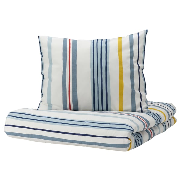 NATTSLÄNDA striped duvet cover, blue, yellow, red. Soft cotton, rectangular, striped pattern.