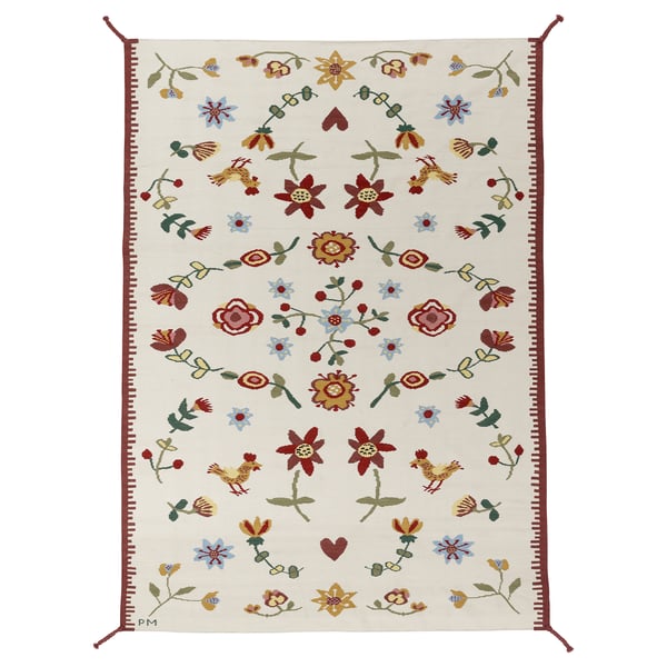 Swedish folklore rug, NICKGRÄS, florals on cream, red braids, wool & cotton