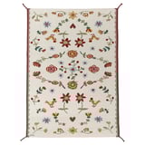 Swedish folklore rug, NICKGRÄS, florals on cream, red braids, wool & cotton