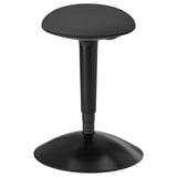 Black rounded NILSERIK active stool. Adjustable, textured seat. Curved steel base. Modern office accessory.