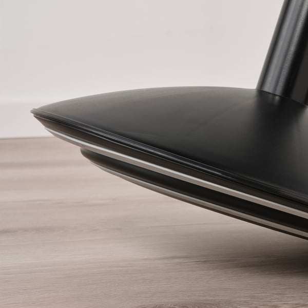 Black office chair, curved base, adjustable height.