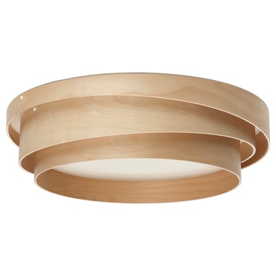 NÖSUND wood ceiling lamp, curved design, light beige, birch veneer, round shape.