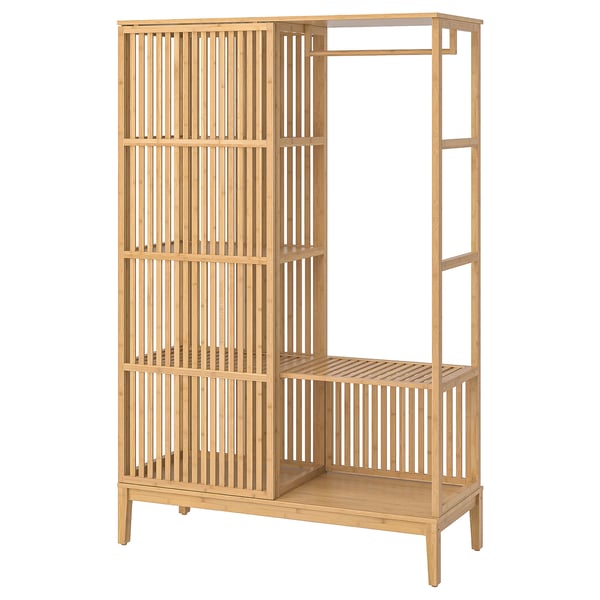 A light brown NORDKISA wooden wardrobe with vertical slats and an open design for airy storage.