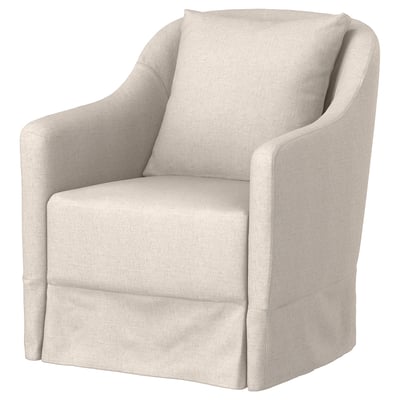 NORDKROKEN beige upholstered armchair, modern and inviting design with curved back and armrests.