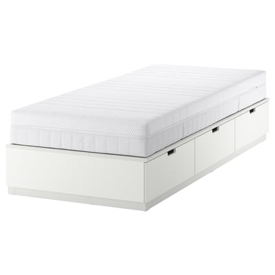 NORDLI white bed frame with 3 drawers and foam mattress. Modern and compact for small spaces with soft-close drawers.