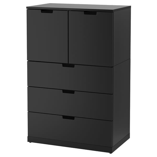 Modern black NORDLI chest with six drawers. Sleek, rectangular design in particleboard and acrylic paint, ideal for contemporary spaces.