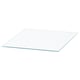 Clear glass table top, square shaped, made of tempered glass, lies flat.