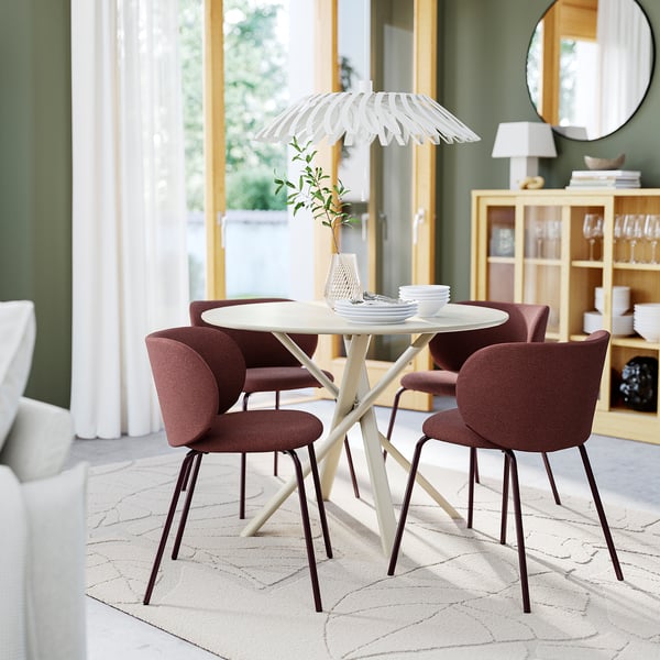 NORRMJÖLE / KRYLBO Table and 4 chairs, beige marble effect/Tibbleby dark red, 105 cm