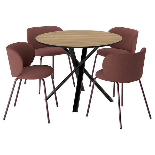 NORRMJÖLE / KRYLBO Table and 4 chairs, oak effect black/Tibbleby dark red, 105 cm