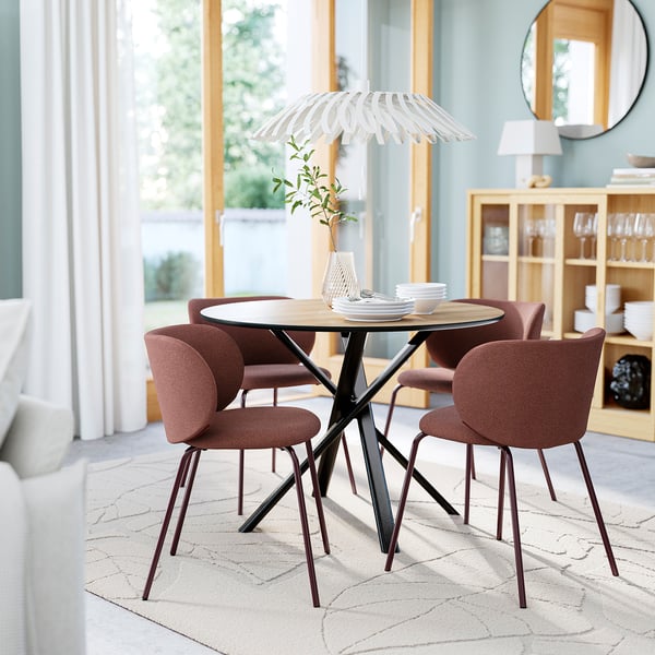 NORRMJÖLE / KRYLBO Table and 4 chairs, oak effect black/Tibbleby dark red, 105 cm