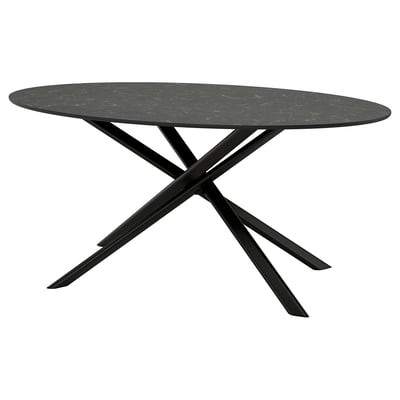 Modern, black NORRMJÖLE table with dark marble top, x-leg design, metal base.