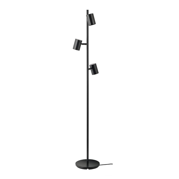 A floor lamp called NYMÅNE. It’s black with three adjustable, cylindrical lamp heads. Modern and sleek, it combines style and functionality.
