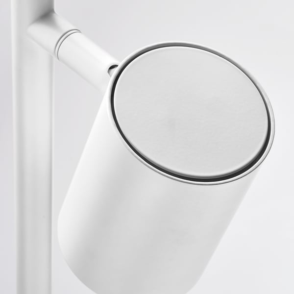 Modern hanging lamp with sleek, white finish and adjustable arm.
