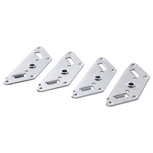 Four metallic silver ODNES steel brackets, triangular shaped with mounting holes, laid flat on a white background.