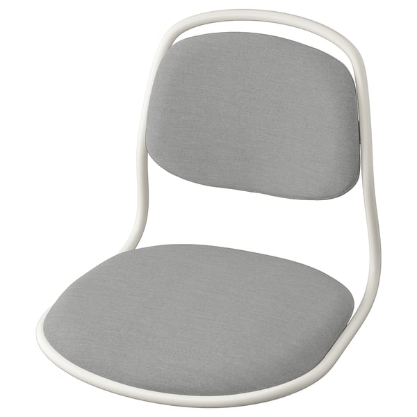 A sleek, modern grey chair with a white frame, featuring an ergonomic design for comfort.