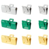 Nine sealing clips in gray, green, yellow. Foldable handles, seals bags.