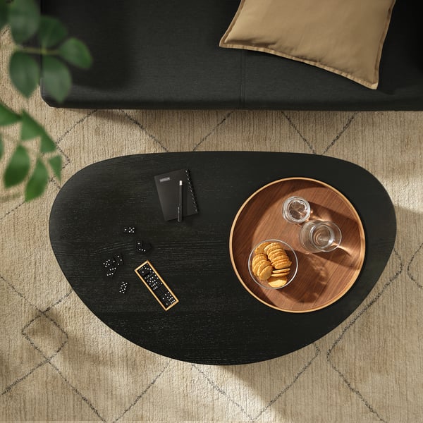 Modern living space with black oval table holding snacks, remote, and notebook.