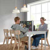 Two people study at table with desk divider for privacy and supplies.