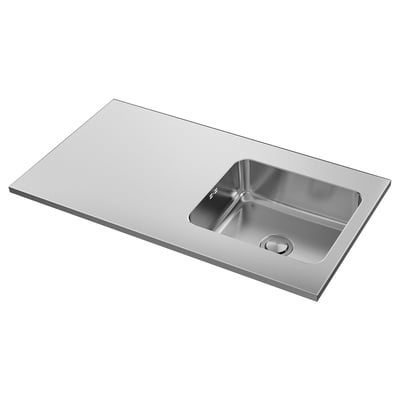An ikea OLOFSJÖN stainless steel kitchen worktop with an integrated sink. Its designed to be durable, hygienic, and easy to clean.