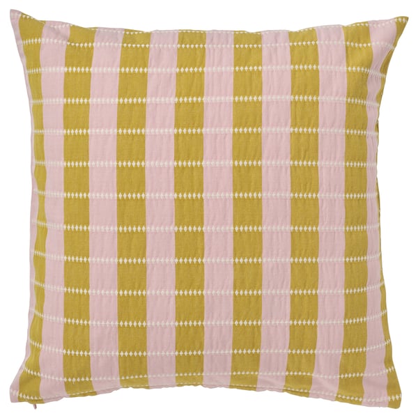 OMMJÄNGE pillow: pink & mustard stripes, cotton, square, embroidered stripes.