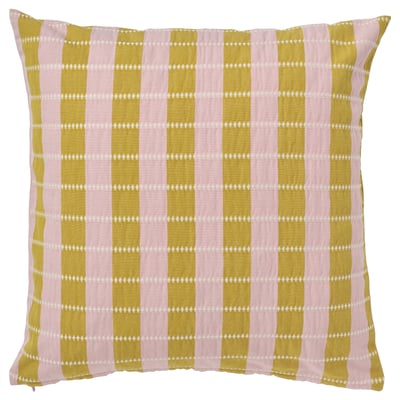 OMMJÄNGE pillow: pink & mustard stripes, cotton, square, embroidered stripes.