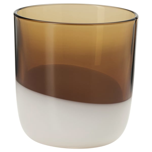 Unique brown & white glass cup, hand-blown with modern folk art design.