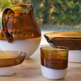 Brown & white glass cup, OMMJÄNGE, mouth-blown, matches jug & bowls, sm.