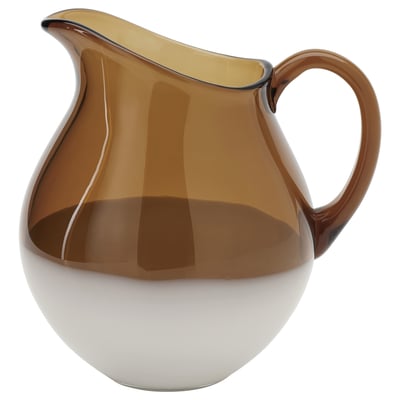 Brown glass pitcher, unique pattern, curved handle, glossy finish, large base.