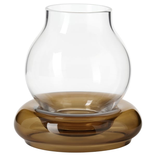 Mmjänge tealight holder, clear glass top, brown base, round shape, swedish folk art design.