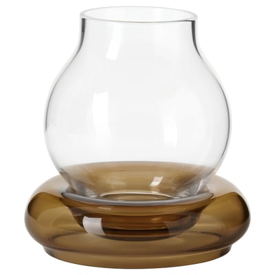 Mmjänge tealight holder, clear glass top, brown base, round shape, swedish folk art design.